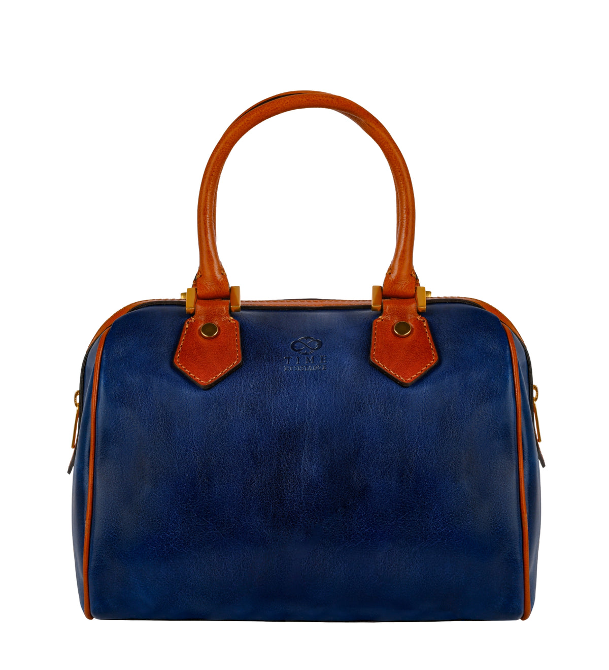 Bauletto in pelle Time Resistance Little Dorrit blu, vista frontale su sfondo bianco