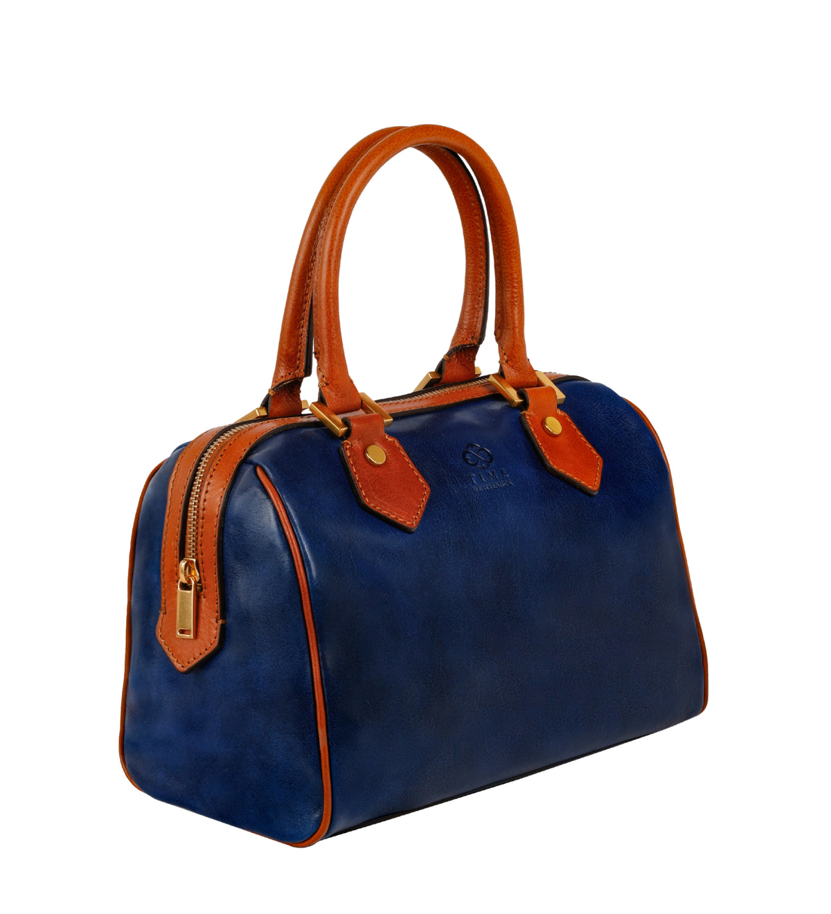 Bauletto Little Dorrit blu, vista a tre quarti con i manici color cuoio in evidenza