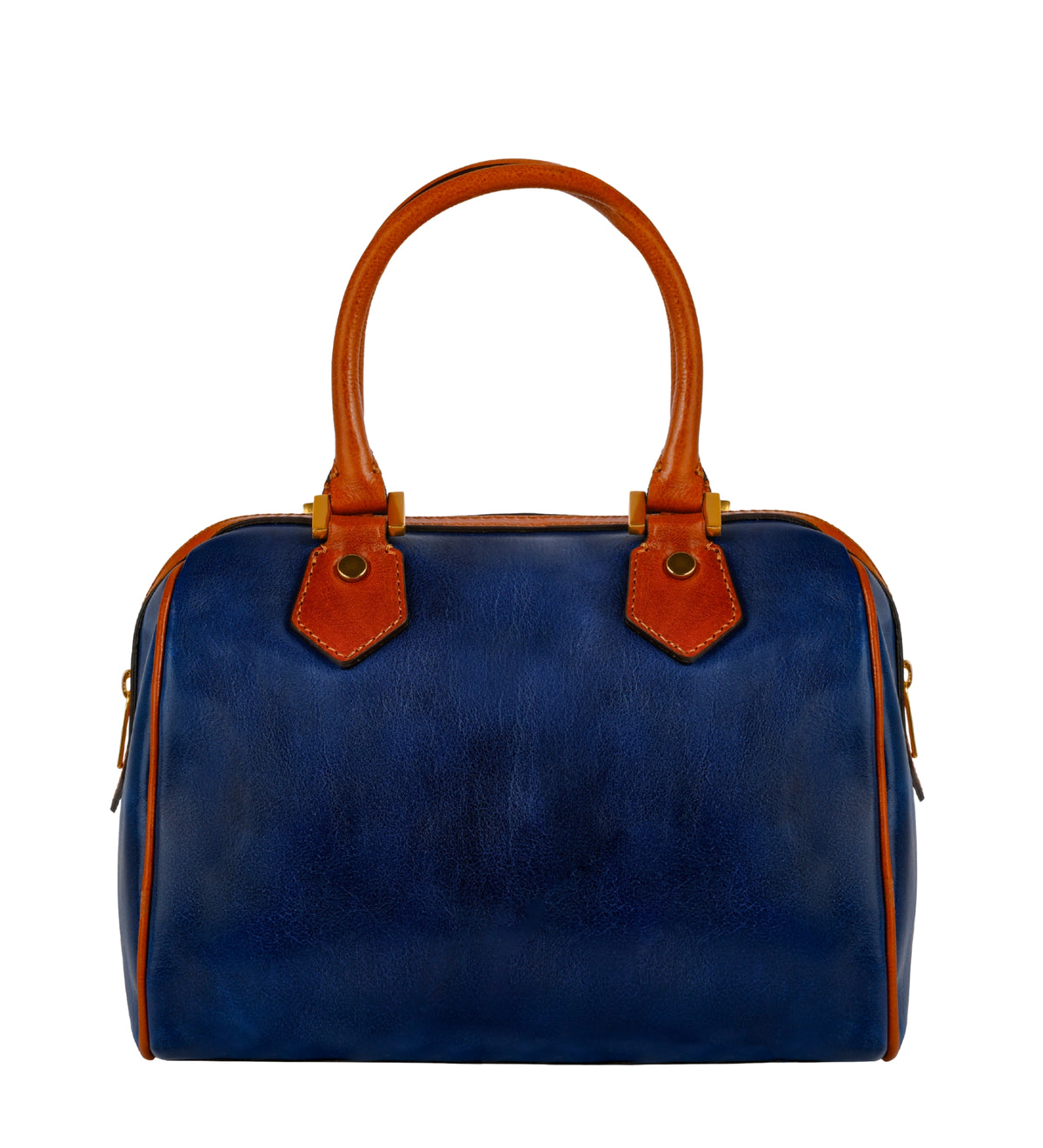 Bauletto Little Dorrit blu su sfondo bianco, con i manici sollevati e senza tracolla