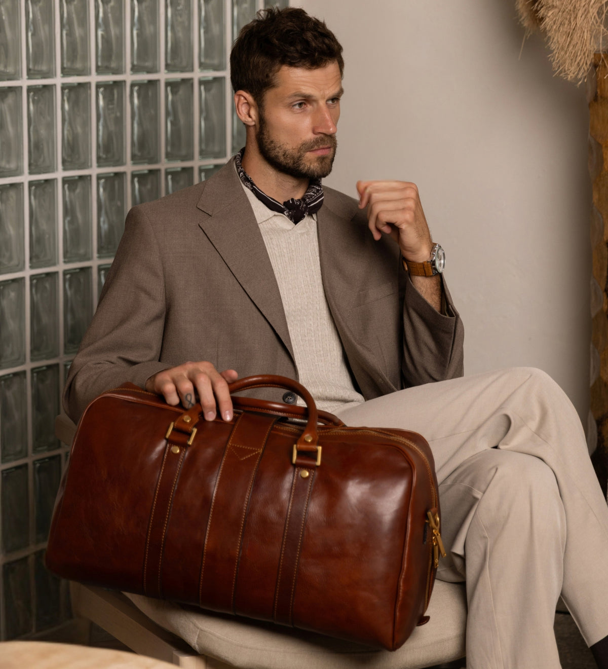 Borsone in pelle marrone cognac opaco - Tender Is the Night