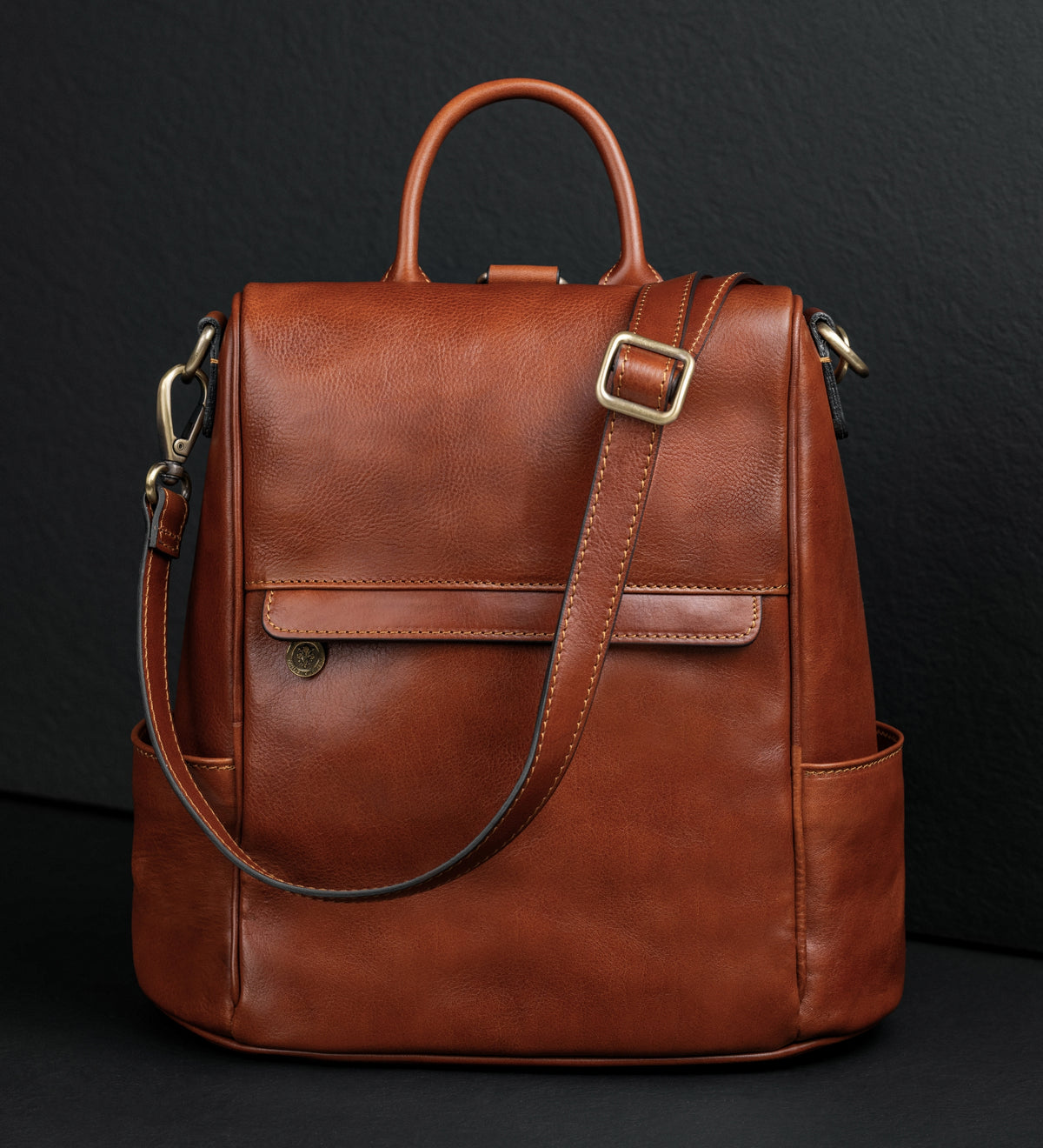 Zaino donna in pelle color cognac convertibile in borsa a spalla - The Waves